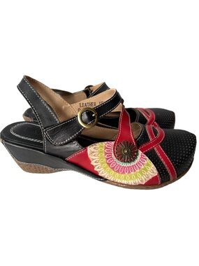 Spring Step L'Artiste Mary Jane Floral Leather Slingback Wedge Sandals Clogs 36